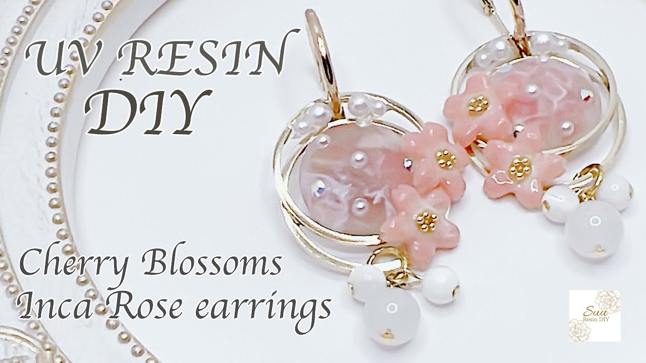 【UVレジン 桜】DIYで天然石（インカローズ）を使っての桜ピアス作ってみました♡UV resin jewelry Tutorial/UV Resin Resin Earrings