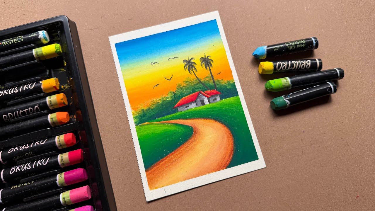 Easy Village Sunset Drawing with Oil Pastels 🌴 | Step by Step Landscape Art