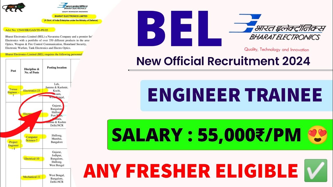 BEL Recruitment 2024। Engineer Trainee 😍। Salary: 55,000₹/PM। BEL Vacancy 2024। Latest Jobs 2024।