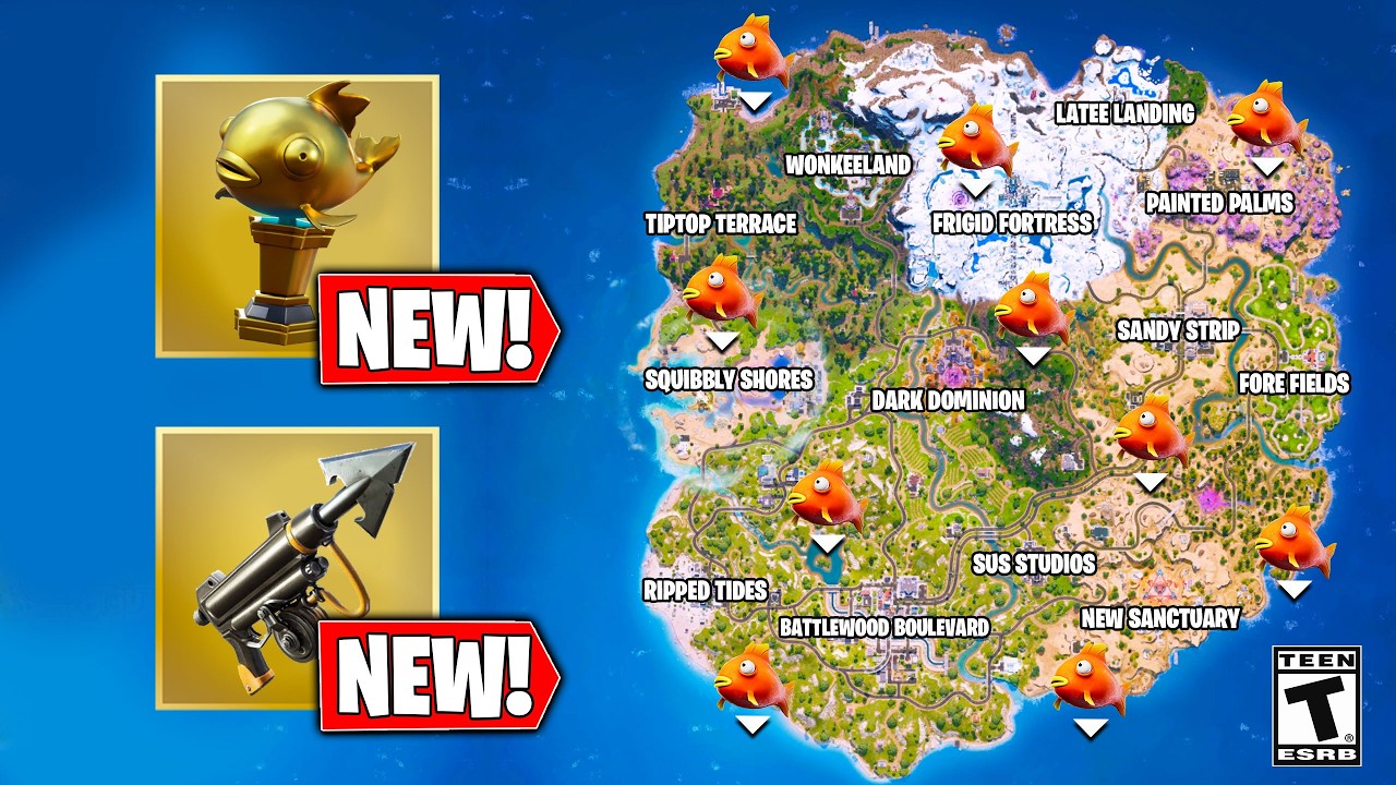 Новое обновление для рыбалки в Fortnite! (Места для мифических гарпунов и золотых рыбок)