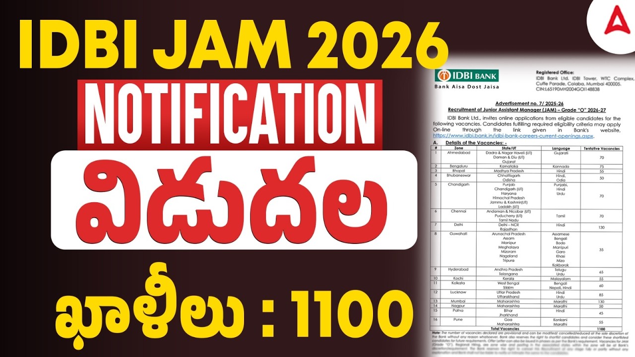 IDBI JAM Notification 2026 Out | IDBI Junior Assistant Manager Recruitment 2026 Telugu |Full Details