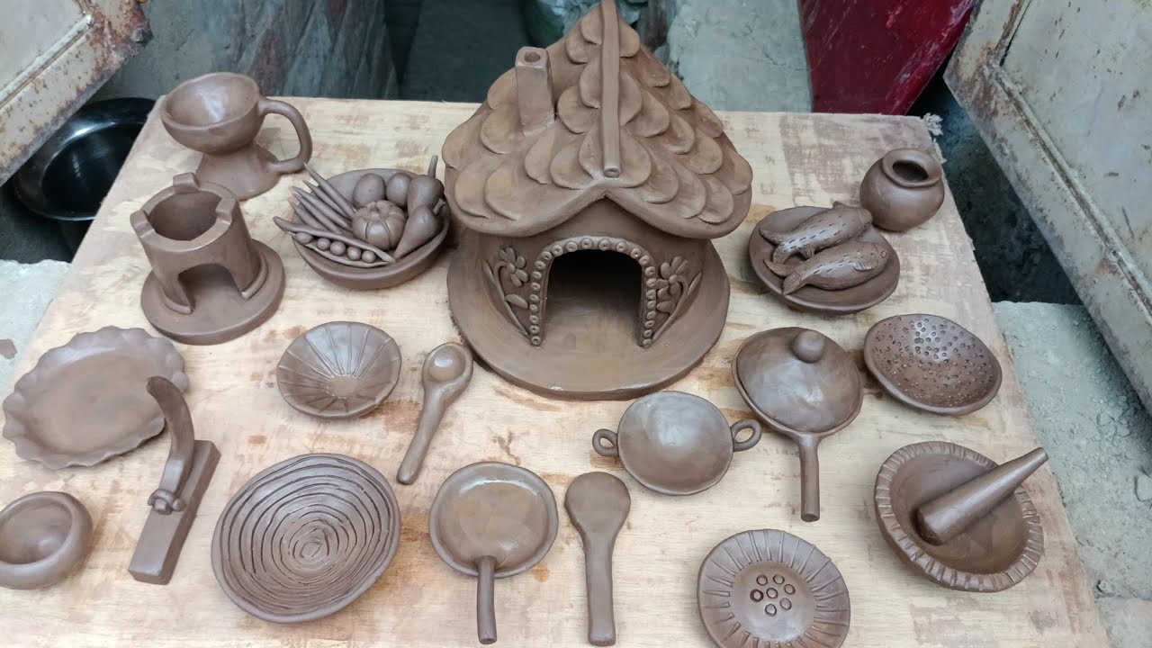 DIY how to make village style mini clay house and mini kitchen set with clay polymer clay