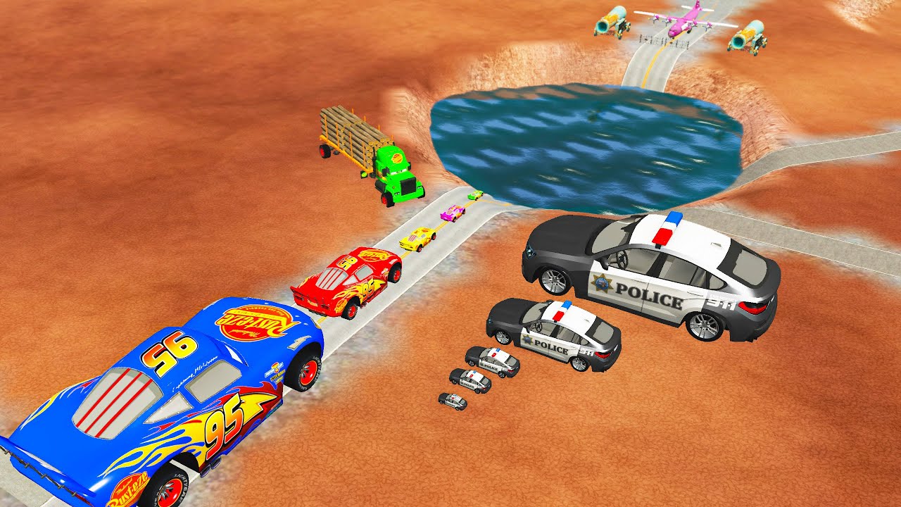 Big & Small McQueen, Police Car vs Zombie Mack & Giant Water Pit – BeamNG.drive