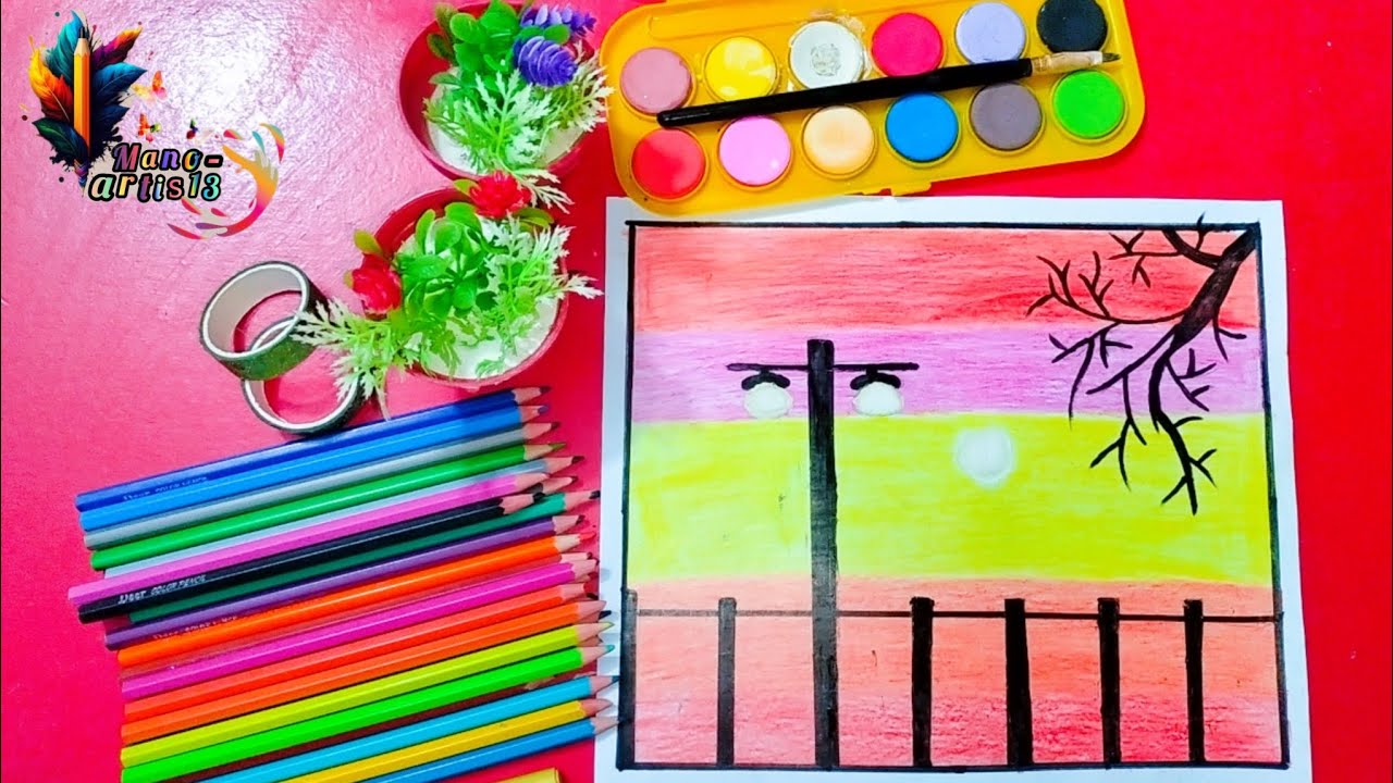 How to draw a Sunset scenery with oil pastels sets by sets sunset scenery painting for beginners