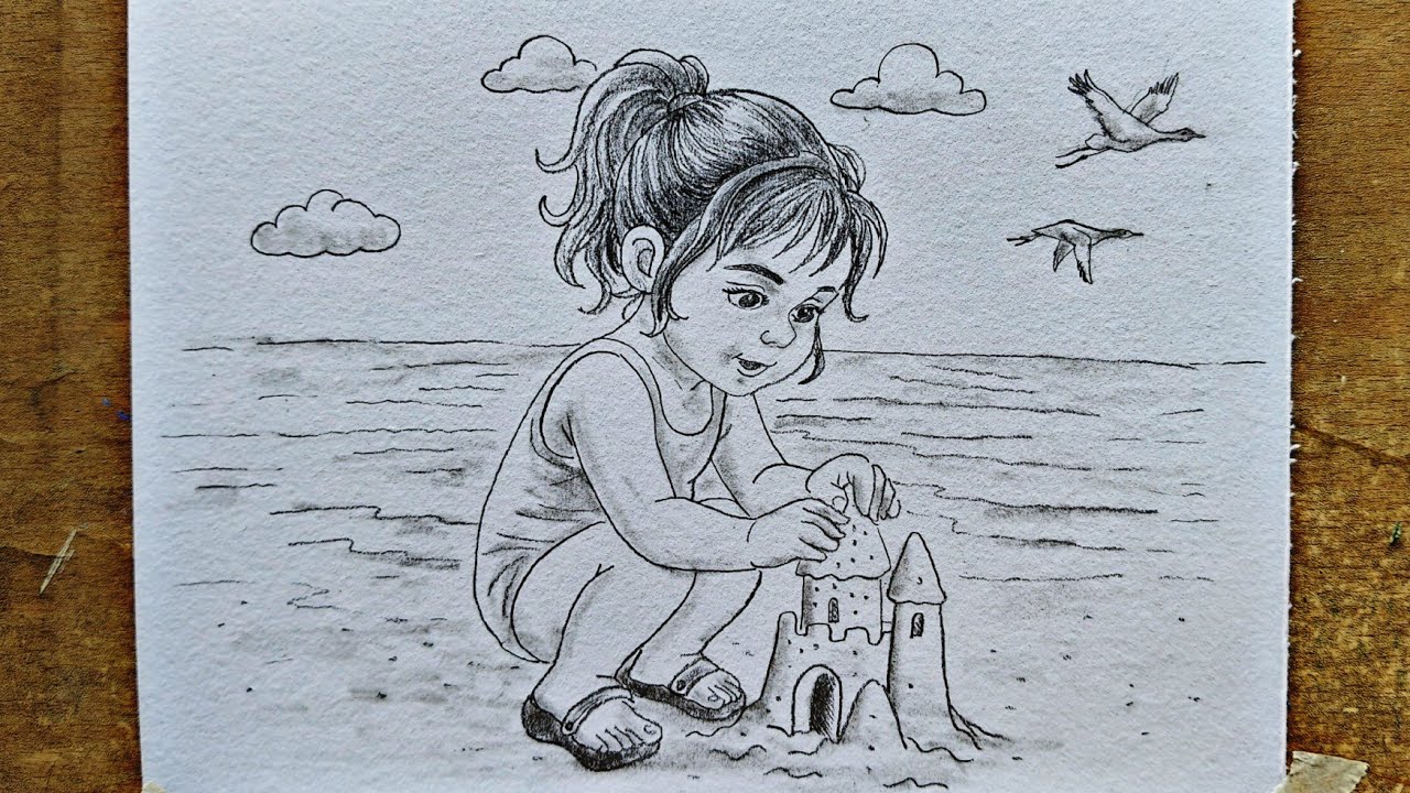 Beautiful Beach Scene Drawing | Easy Pencil Sketch | How to Draw a Cute Little Girl at the Beach 