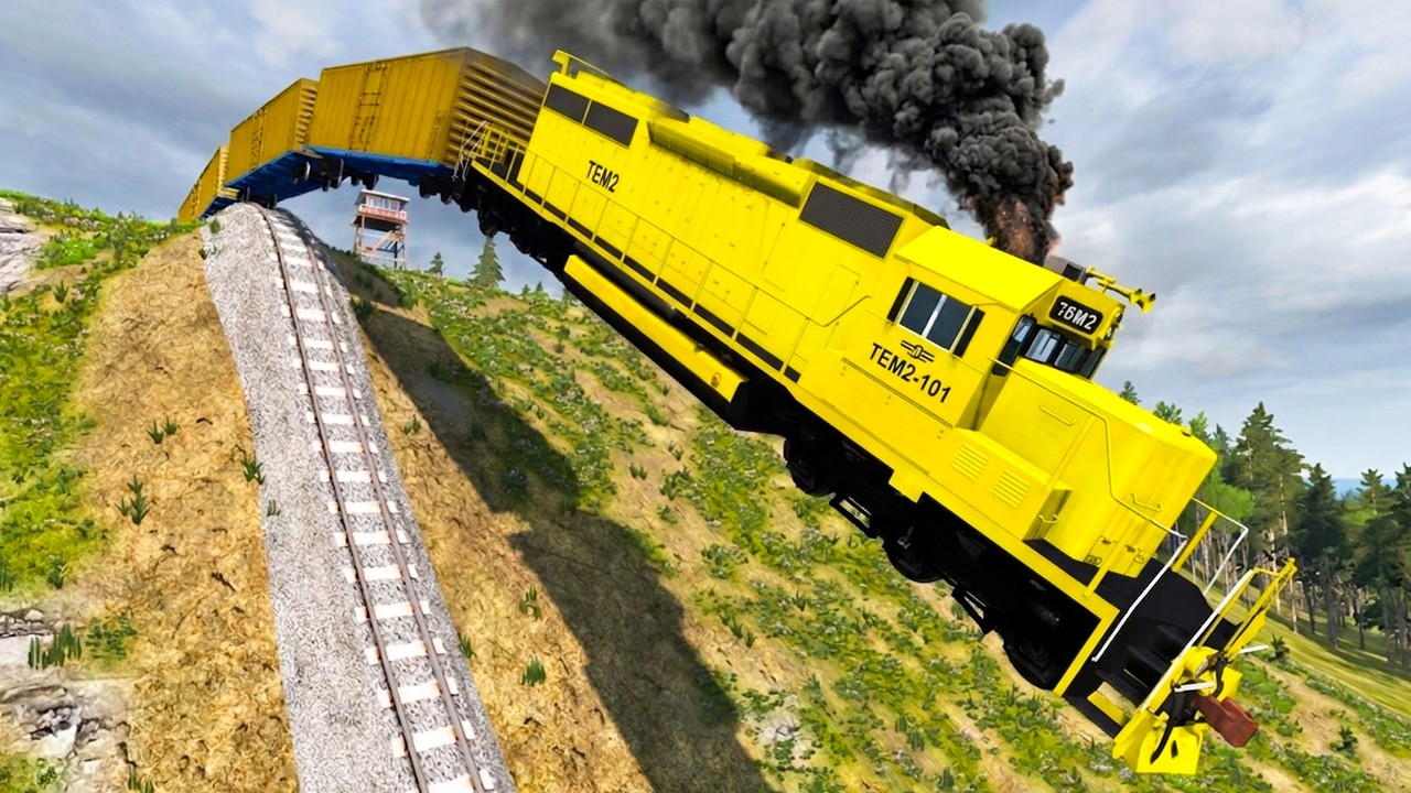 Train vs Steep Slope #3 and Cars & Rails - BeamNG.Drive