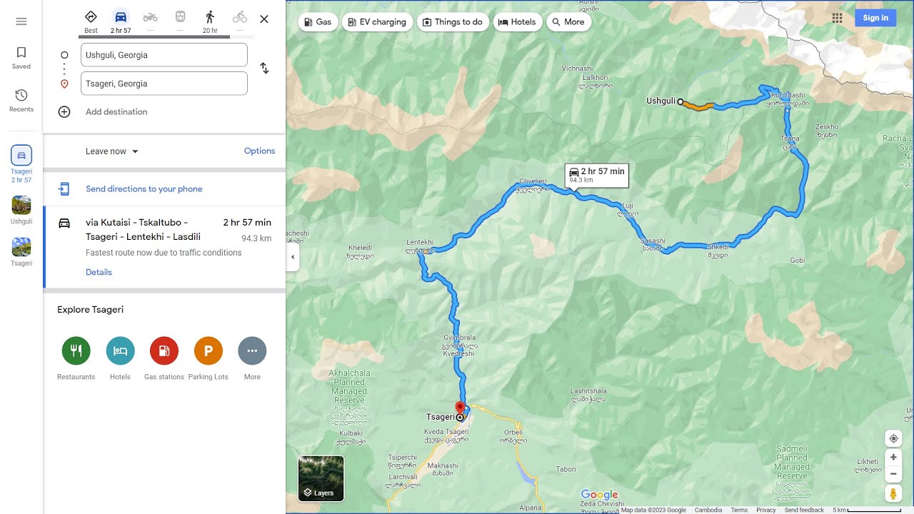 Road conditions from Ushguli to Tsageri via Lentekhi (towards Kutaisi) in July 2023.