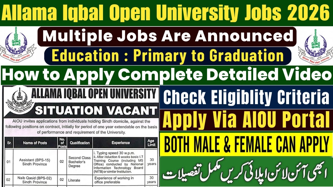 Allama Iqbal Open University Jobs 2026 Online Apply | AIOU Jobs 2026 | Latest Govt Jobs In Pakistan