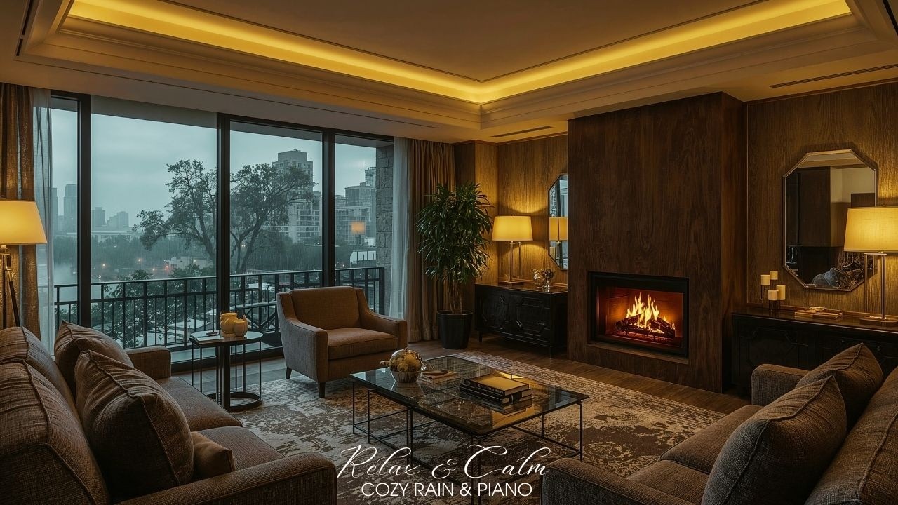 Cozy Rainy Night, Fireplace & Soft Piano 🌧️🔥🎹 | Warm Luxury Lounge | Deep Sleep 24/7