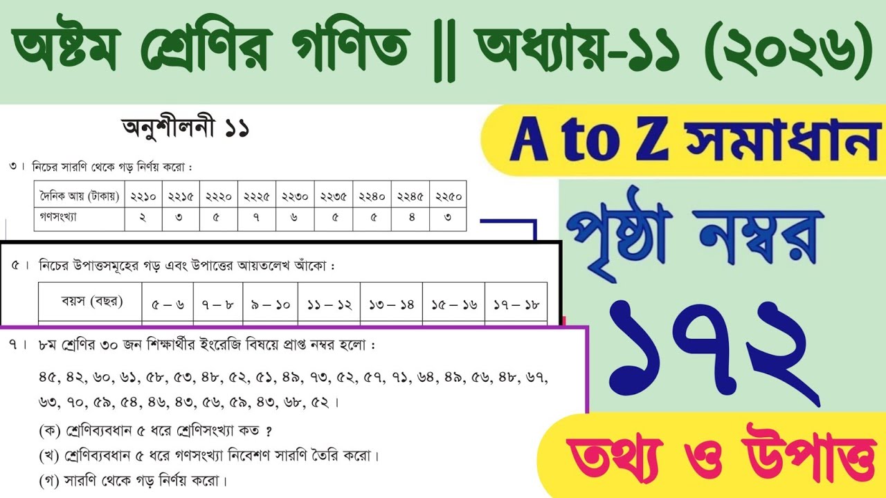 Class 8 math page 172 | Class 8 math chapter 11 2026 | ৮ম শ্রেণির গণিত অধ্যায় ১১ |  তথ্য ও উপাত্ত