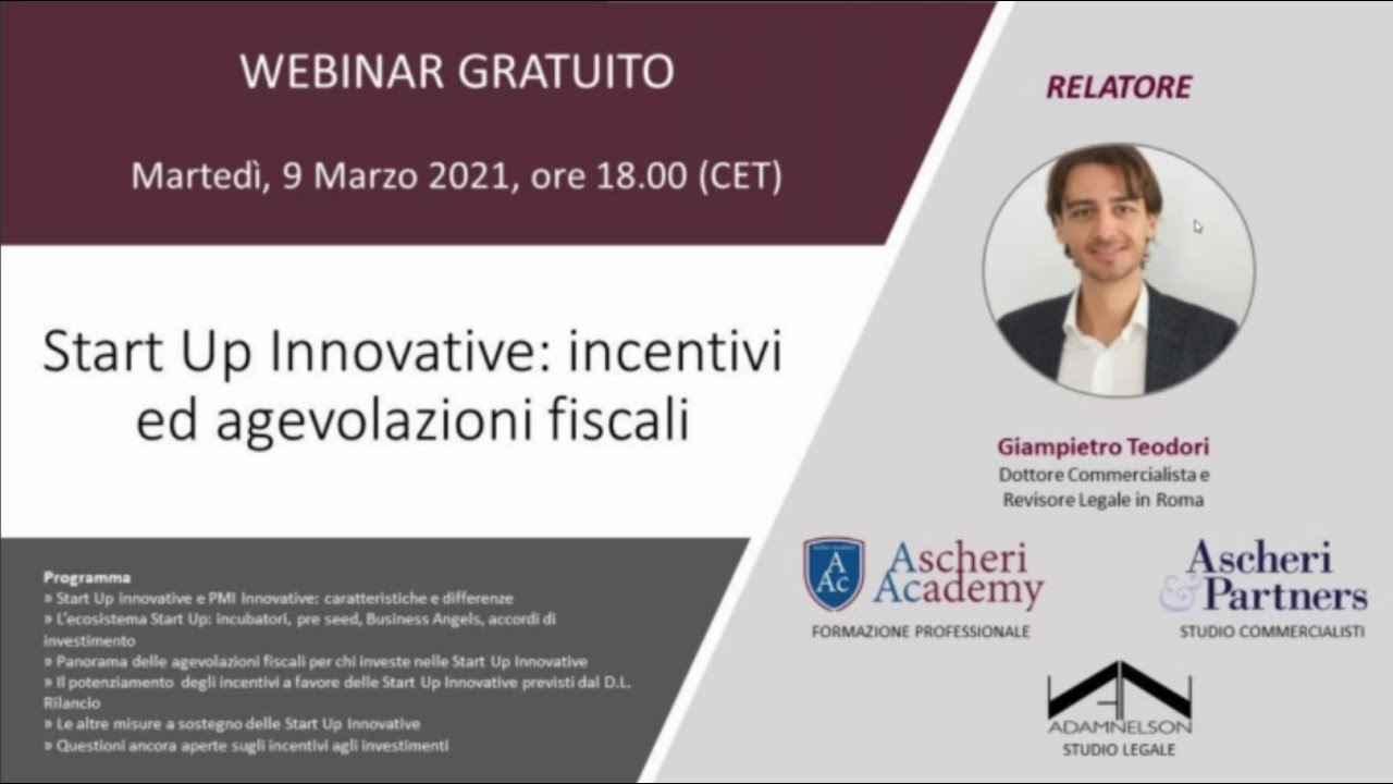Webinar: Startup innovative - Incentivi ed agevolazioni fiscali