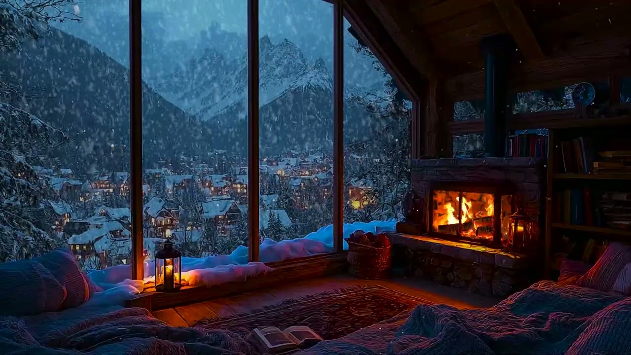 Peaceful Winter Cabin Snowstorm with Warm Fireplace Sounds for Deep Sleep, Peace and Focus