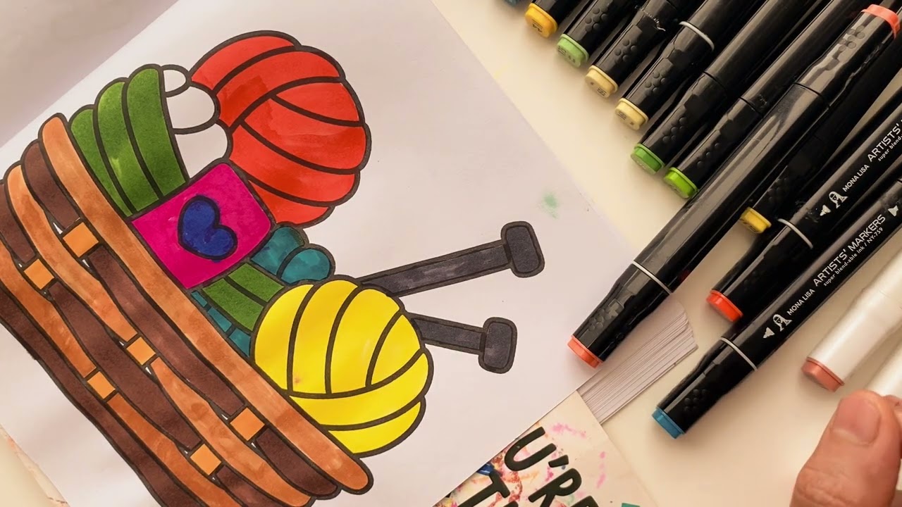 تلوين سلة و كرات الصوف | لحظة تلوين ممتعة بأقلام الماركر💛 🎨🧶✨