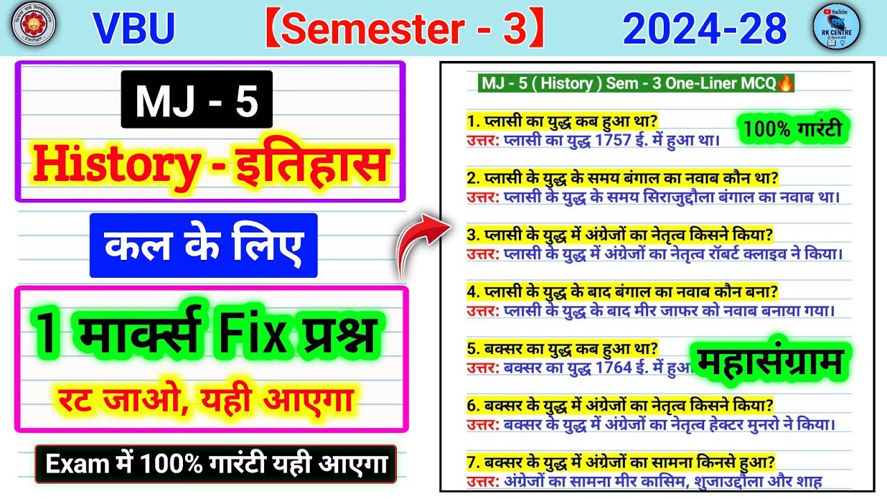 Sem 3 Major 5 History Important MCQ Questions | Describe the Causes and Consequences of the Battl...