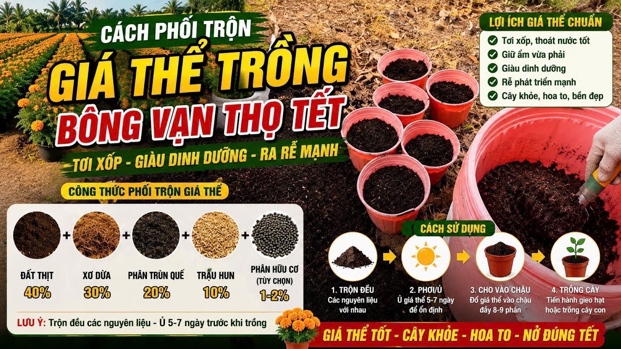 cách phối trộn giá thể trồng bông vạn thọ tết cho người mới bắt đầu