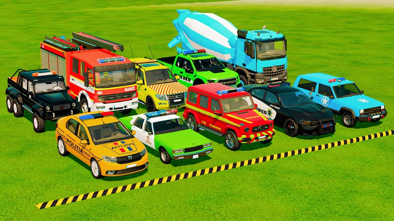 TRANSPORTING POLICE CARS, AMBULANCE, FIRE TRUCK, COLORFUL CARS WITH TRUCK -FARMING SIMULATOR 22!