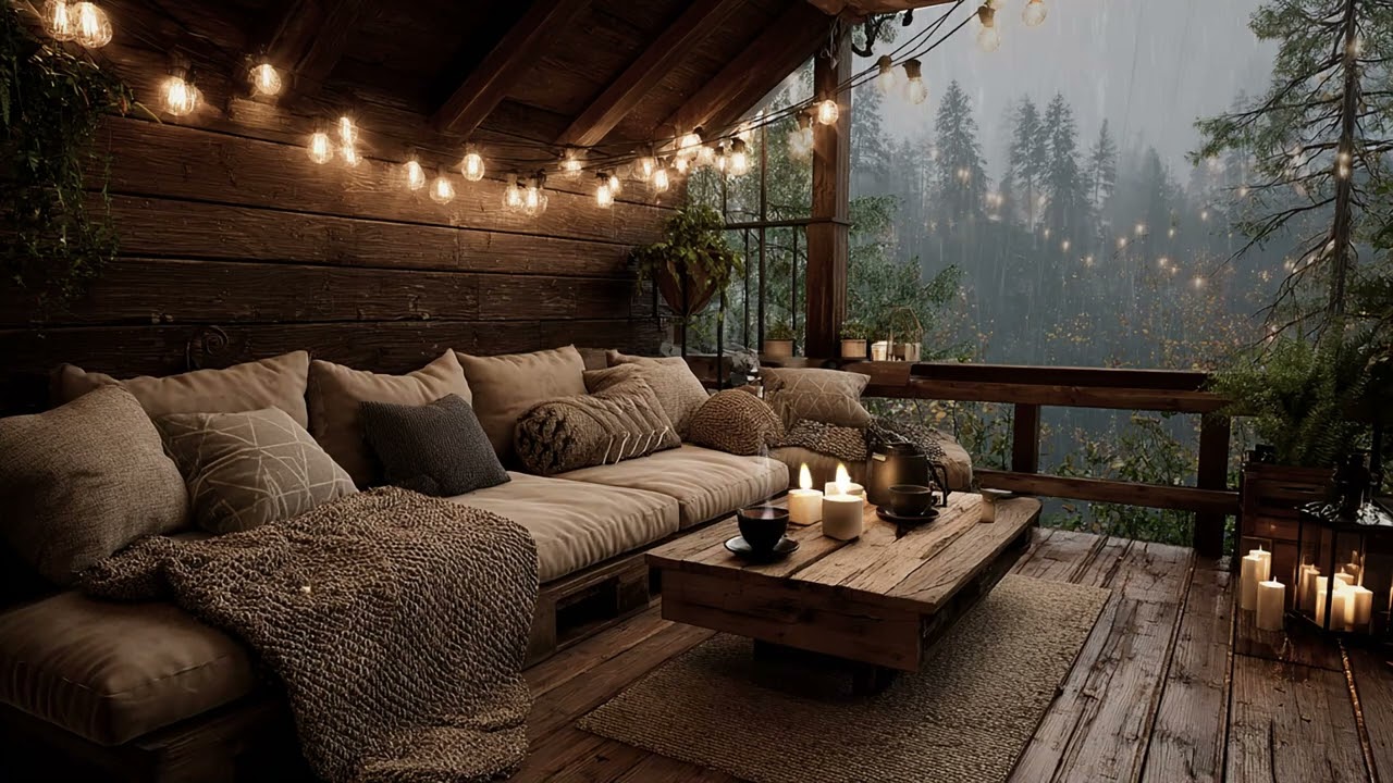 Cozy Balcony Night with Forest Rain Sounds for Soothing Winter Sleep Ambience