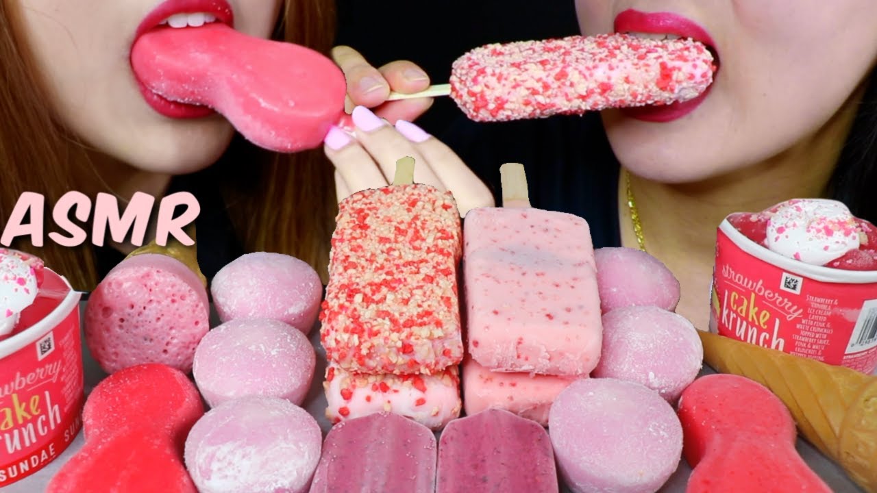 ASMR PINK ICE CREAM (STRAWBERRY ICE CREAM BARS, MOCHI, SUNDAES) 아이스크림 리얼사운드 먹방 | Kim&Liz ASMR