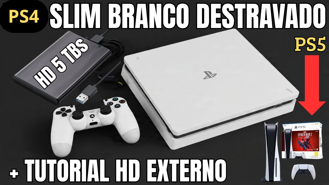PS4 SLIM BRANCO HD 5 TBs + PS5 DESBLOQUEADO + TUTORIAL COMO USAR HD EXTERNO COM JOGOS