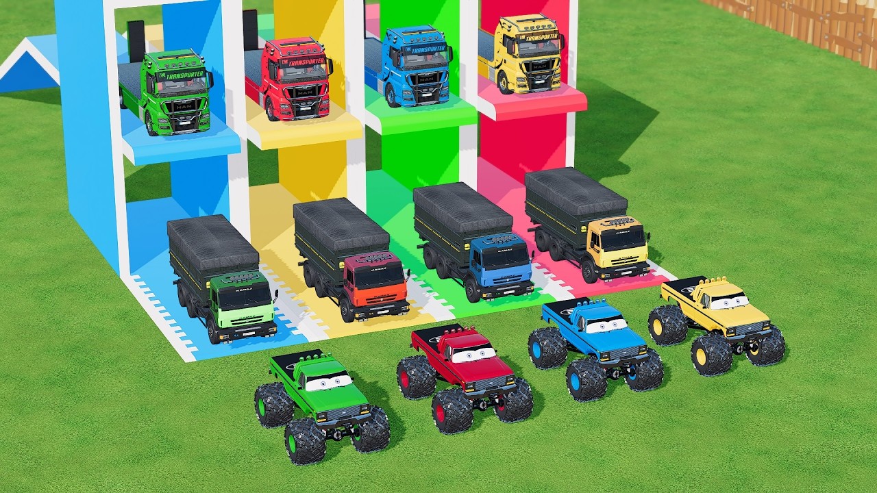 Garage with Colors - ALL MIXER TRUCK WITH DOUBLE FLATBED TRAILER TRUCK, LIZARD, MAN, FUSO, KAMAZ