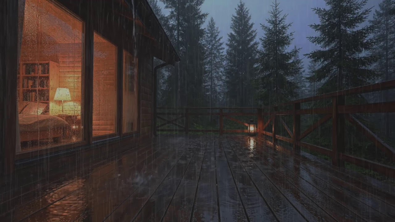 Natural rain at a forest cabin retreat, evening rain ambience promoting sleep balance over insomnia