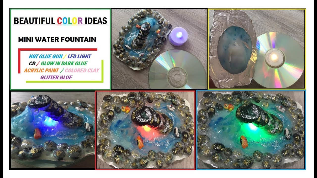 DIY Artificial Water Fountain made with Hot Glue Gun and Mini LED Color Changing Light