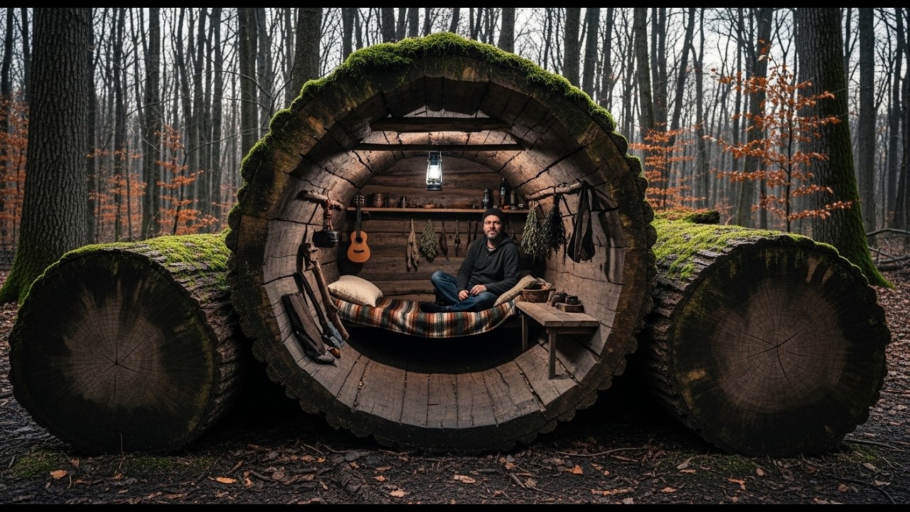 Building a Cozy Hidden Shelter Deep Inside a Hollow Tree | Bushcraft Survival in the Wild