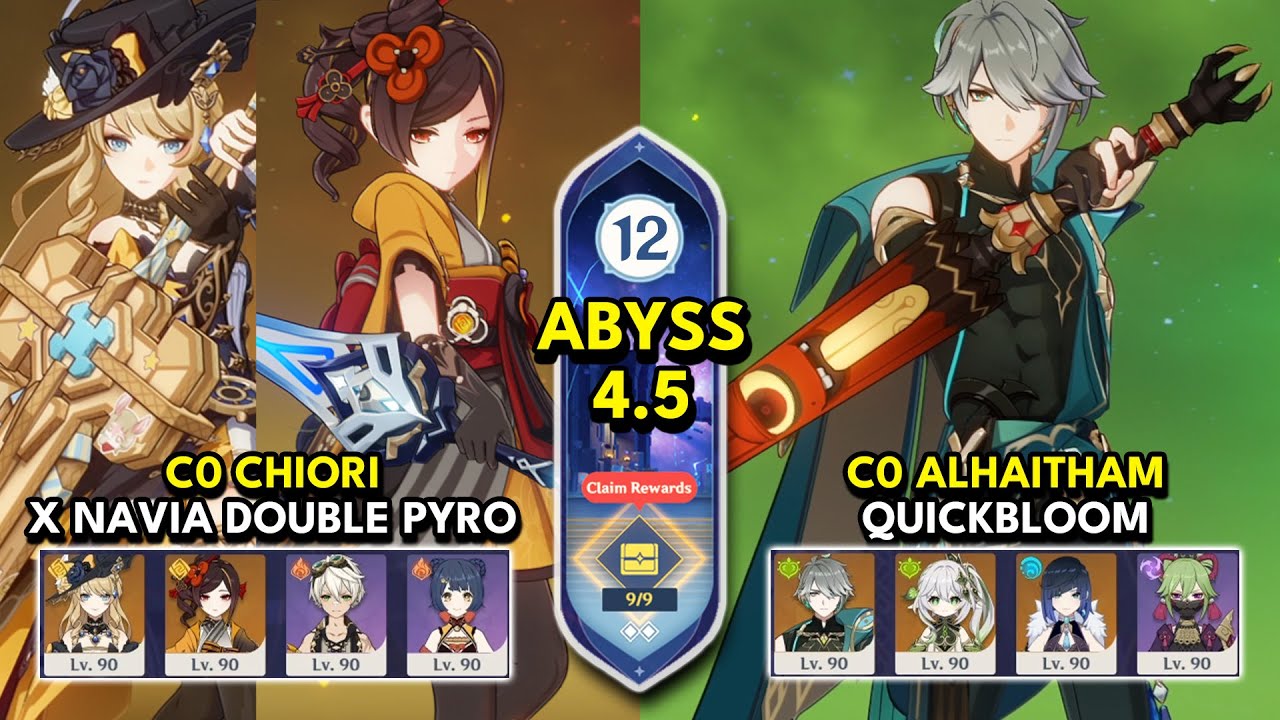C0 Chiori x Navia Double Pyro & C0 Alhaitham Quickbloom | Spiral Abyss 4.5 Floor 12 9 Stars |Genshin