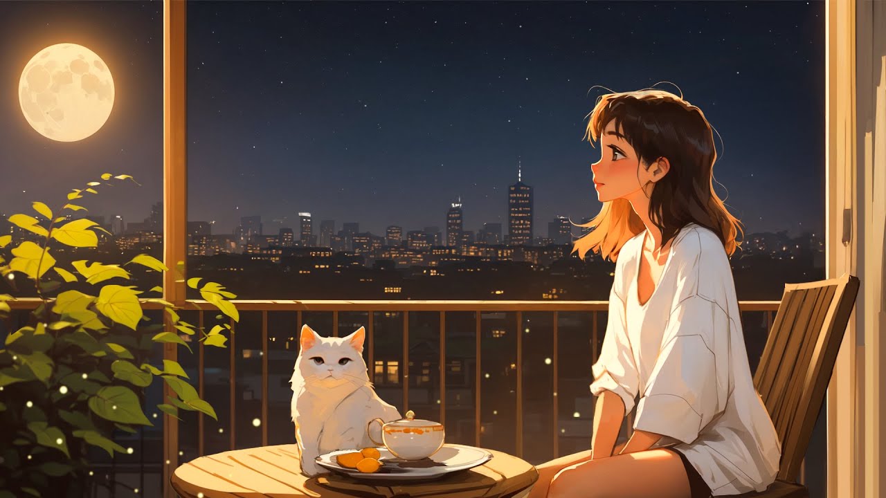 Lofi Night Chill on the Balcony ~ Moonlit Cityscape & Calm Cat Vibes for Relax, Study & Sleep