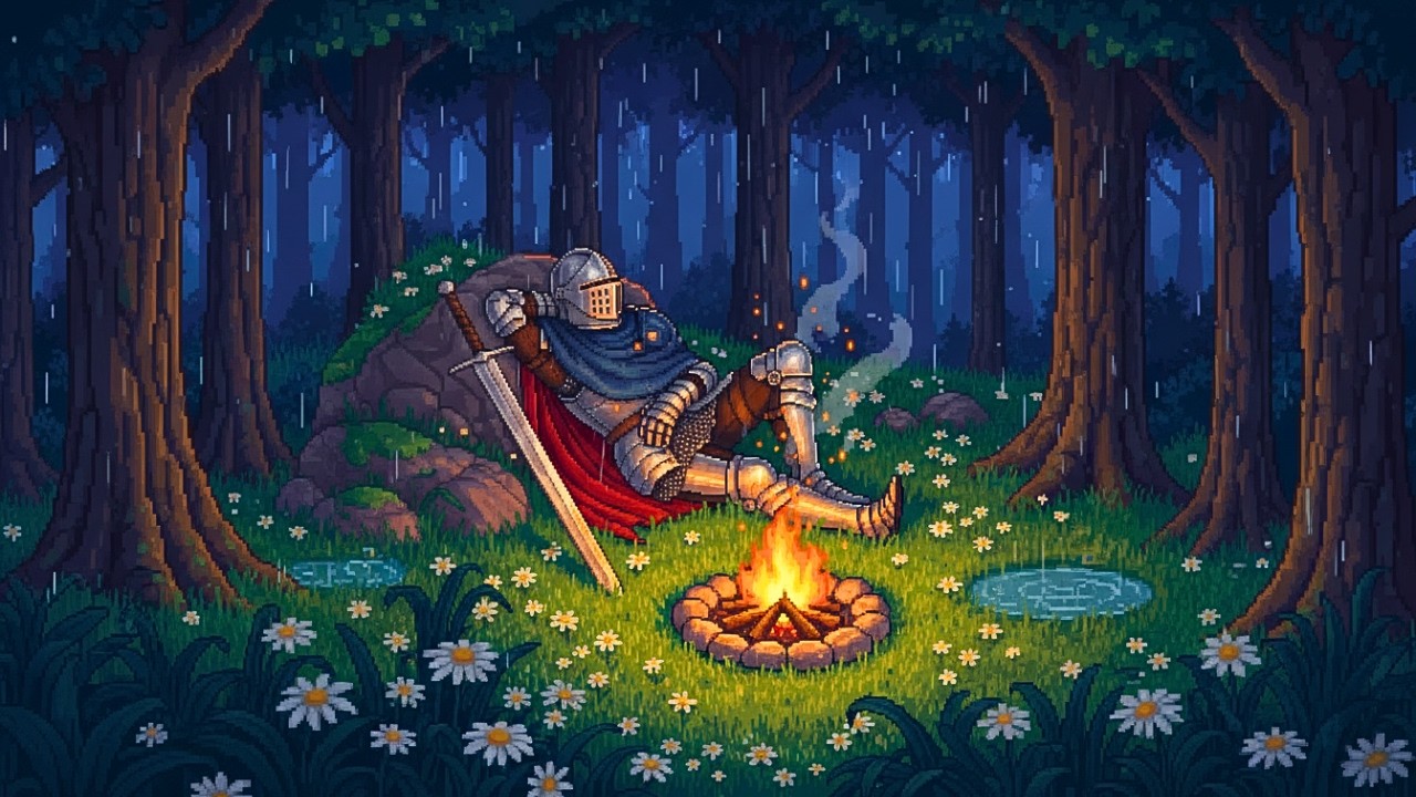 Rest Here, Knight... Rainy Pixel Campfire Ambience (8 Hours)