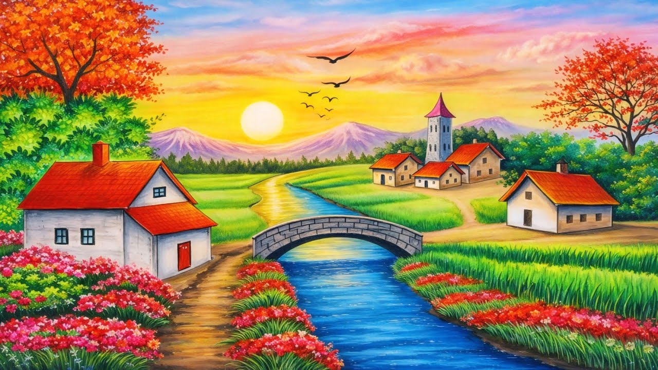 Relaxing Village Scenery Drawing in Oil Pastels | Stress Relief & Calming Art