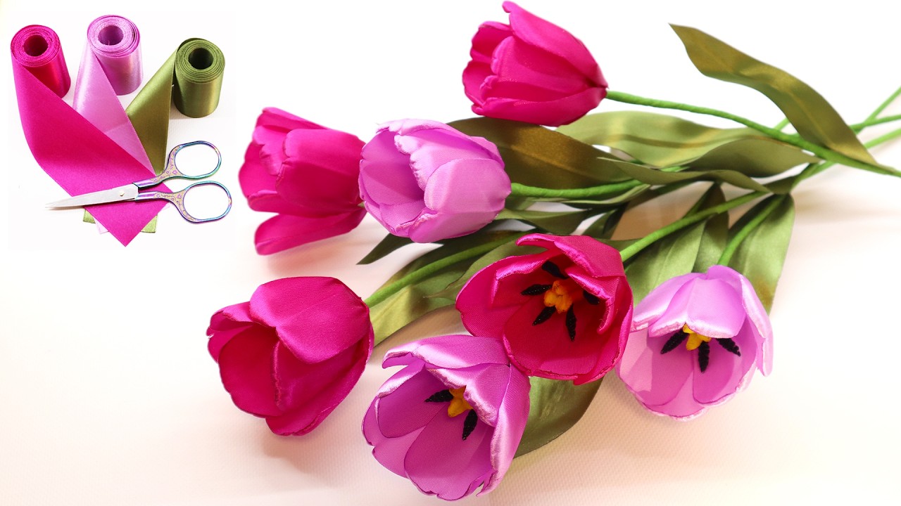 🌷 ТЮЛЬПАНЫ из атласных лент 🌷 Букет тюльпанов своими руками