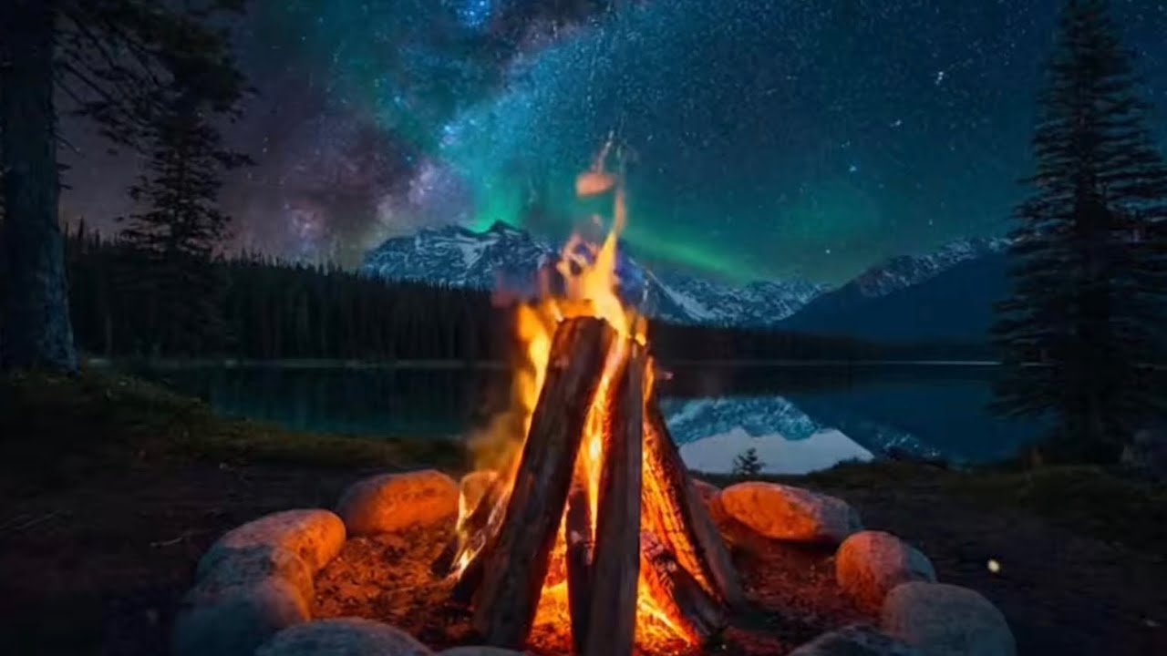 Four hour long computer/TV background calming campfire under a starry night by lake in the mountains