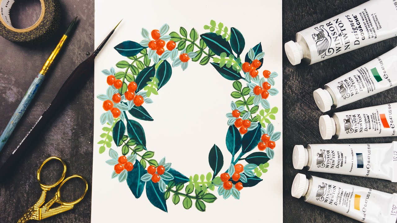 Painting a Christmas Wreath in Gouache | 12 Cards of Christmas No 6: Wreath