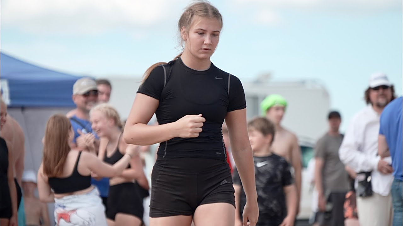 Kärol Tamson (EST) vs Gudrun Roosiõis (EST) 70kg. Women beach wrestling tournament.
