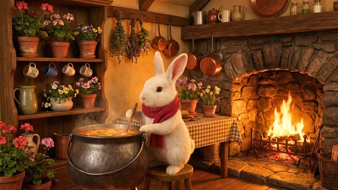 Cozy Rabbit Kitchen Ambience 🐇 Soft Piano, Crackling Fire & Nature Sounds for Deep Relaxation