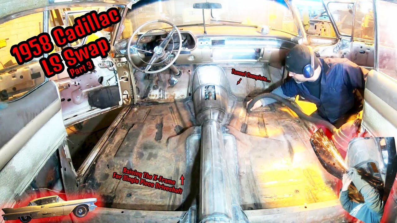 X-Frame CHOPPIN! - Modifying The Caddy's X -Frame For Single Piece Driveshaft- 1958 Cadillac LS Swap