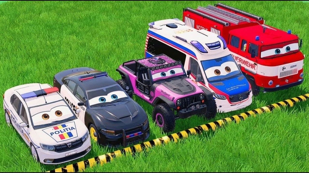 TRANSPORTING DACIA, MCQUEEN CAR, FORD POLICE CAR, AMBULANCE EMERGENCY WITH MAN TRUCKS FS22 #80