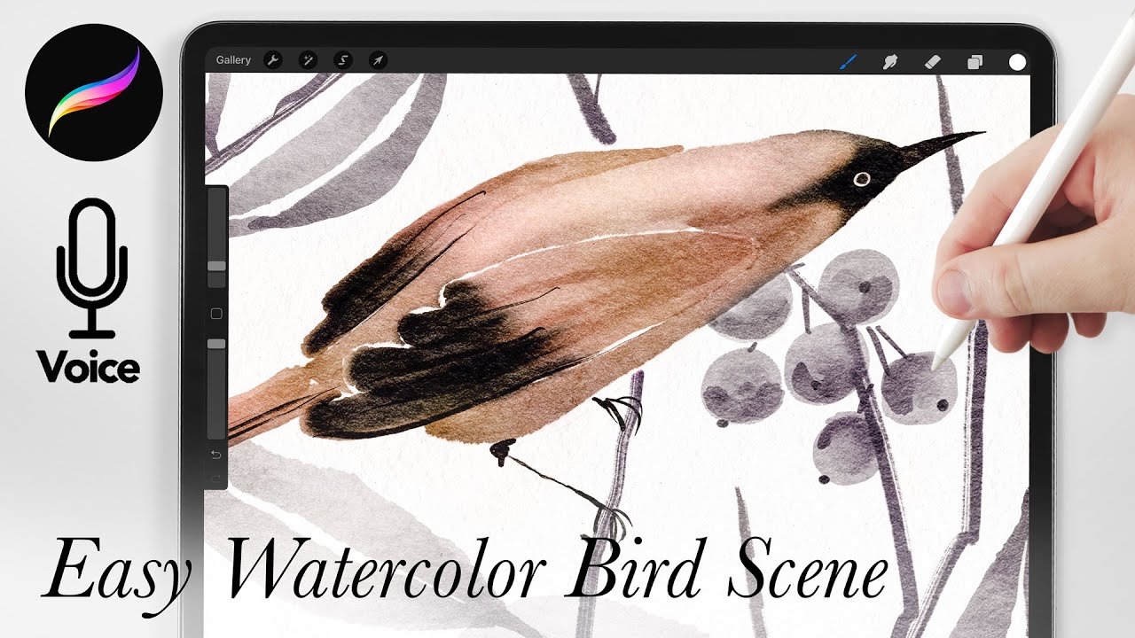 Watercolor bird scene in Procreate // SO EASY  Wabi-sabi  Naturalist Zen painting style in Procreate