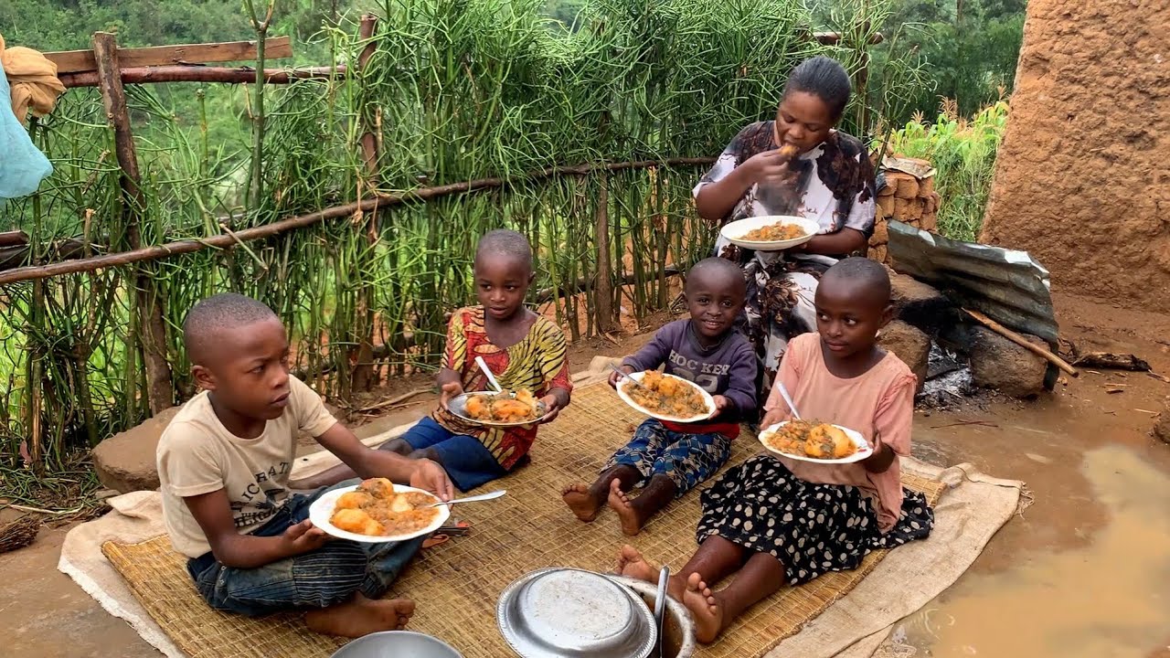 Life Style of An African Mom Cooking With Her Children African Village Life