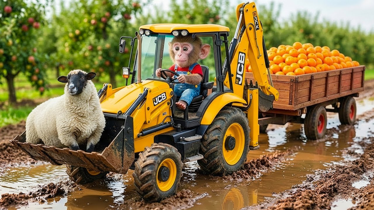 Monkey Nana the JCB Tractor Excavator and the Unexpected Sheep Rescue Mission MONKEY Tractor