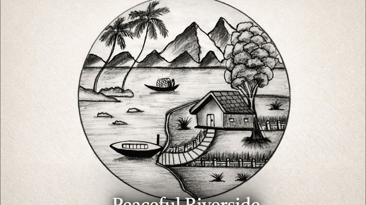 Peaceful Riverside scenery drawing 