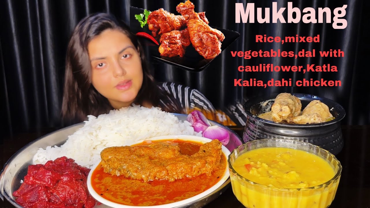Eating Rice, Katla Kalia, Mixed Vegetable, Dahi Chicken, Dal with Gobi || Mukbang Eating Show
