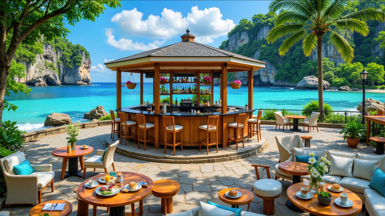Sweet Bossa Nova Jazz Music at Seaside Coffee Shop Ambience with Ocean Wave Sounds for Upbeat Moods