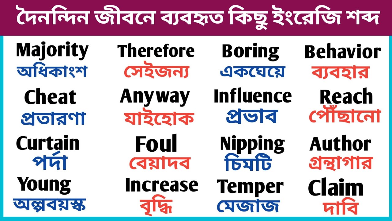 প্রতিদিন ব্যবহৃত গুরুত্বপূর্ণ কিছু ইংরেজি শব্দ || Learn English Words With Bengali Meaning