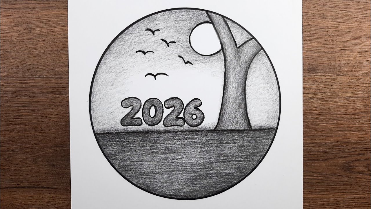 Çok kolay yeni yıl çizimi - Mutlu yıllar resmi nasıl çizilir 2026 - Adım adım kolay manzara çizimi