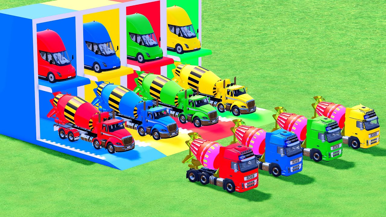Garage with Colors - ALL MIXER TRUCK WITH DOUBLE FLATBED TRAILER TRUCK, VOLVO, WESTERN, MACK, MAN