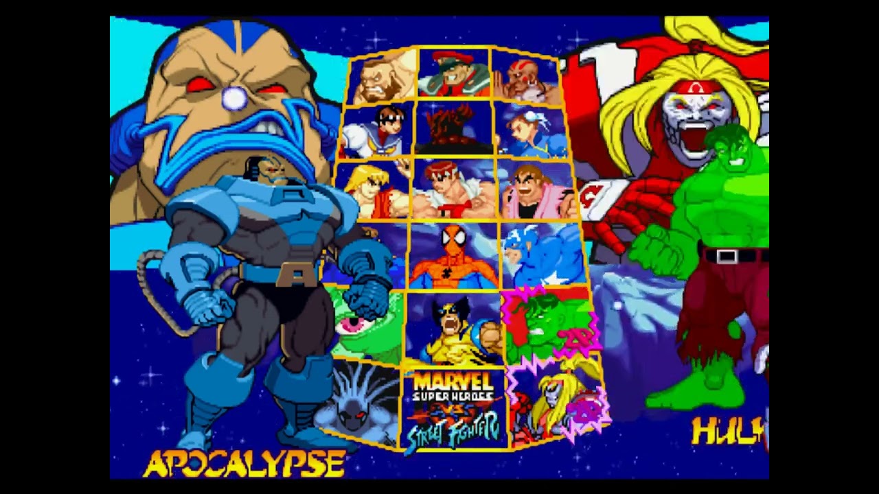 Marvel Super Heroes Vs Street Fighter (PS1) - CPU VS CPU Madness - Apocalypse Vs Everyone