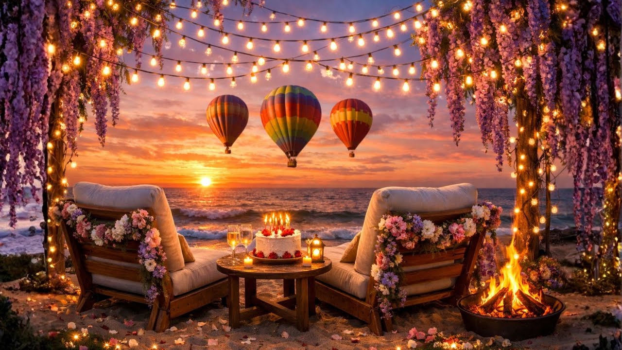 Feliz Cumpleaños en la Playa 🎂 Globos Aerostáticos al Atardecer | Música Relajante y Sonido del Mar