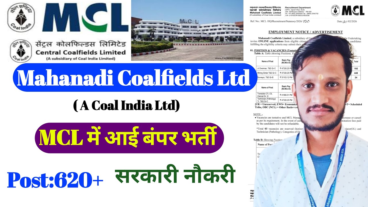 Mahanadi Coalfields Ltd Recruitment 2026 | MCL Latest Jobs | MCL Recuiremet 2026 | Coal india Jobs